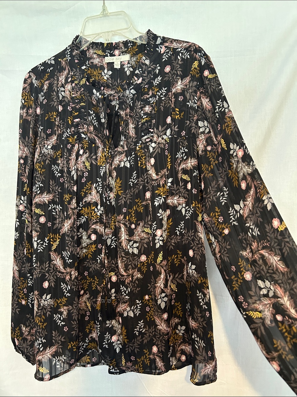 Pleated Floral Tie-Neck Blouse in Black and Pink
